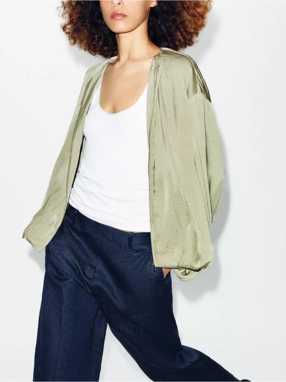 Zara NWT Light Sage green balloon sleeve fluid Bomber jacket - Picture 5 of 13